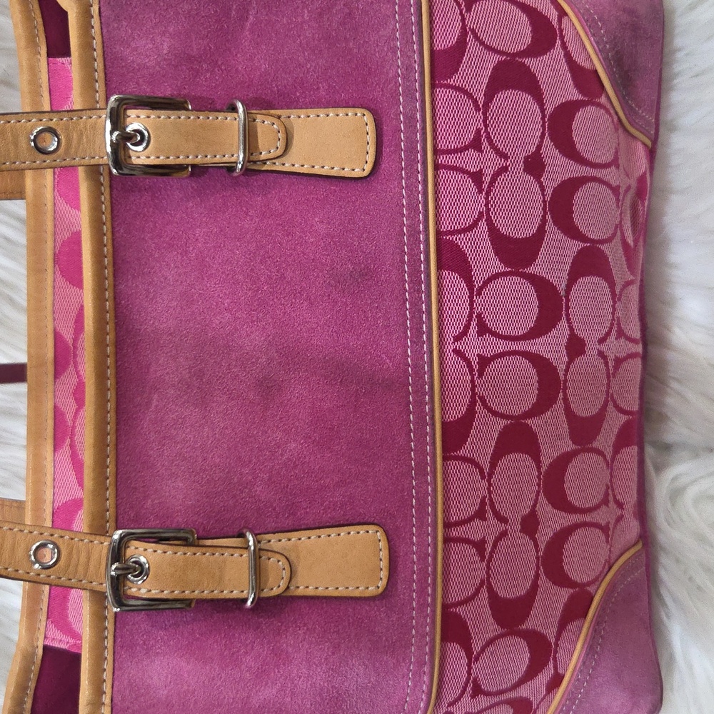 💕🔹️ Coach🔹️y2k vintage  Hampton Signature  Pink Jacquard Suede Leather Bag - Picture 5 of 14